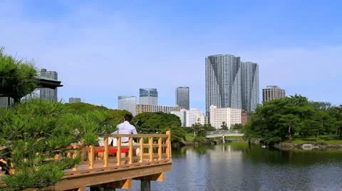 Tea house in Hamarikyu garden against the backdrop of modern skyscrapers. Stock Footage