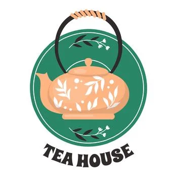 Tea House. Kettle with leaves pattern. Ceramic tableware, hot beverage Stock Illustration