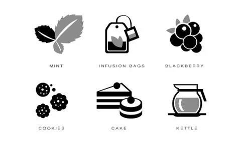 Tea icons set, mint, infusion bag, blackberry, cookies, cake, kettle, vector Stock Illustration