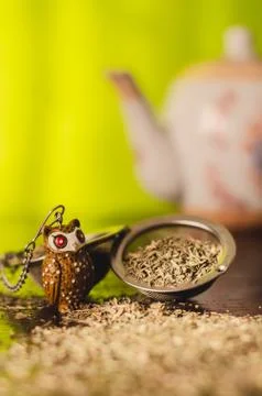 Tea infuser / filter with natural thyme leaves Stock Photos