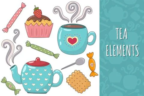 Tea isolated elements collection. Cozy set Illustrazione stock