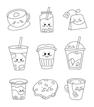 Tea items cartoon. Coloring Page. Stock Illustration