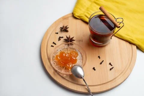 Tea with jam and chocolate for breakfast Stock Photos