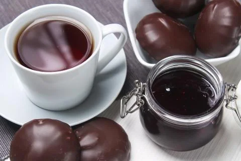 Tea with jam on the table. Delicious dessert. Sweets for Breakfa Stock Photos