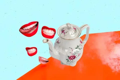 Tea kettle with floating mouth and teeth on colorful background Stock Photos