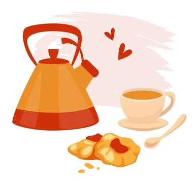 Tea kettle. Hot beverage and pastry desserts. Drink serving. Ceramic teapot a Stock Illustration