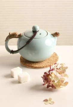 Tea kettle on a white table Stockfoto's