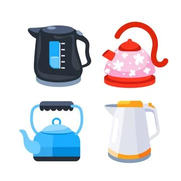 Tea kettles set. Kitchen tableware collection. Electric teakettle. Classic Иллюстрация