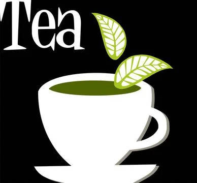 Tea label label with a white tea cup with two leaves and the word tea on s... Stock Photos