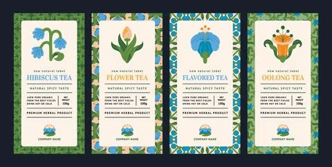 Tea label. Leaves pattern. Green herbal drink. Natural beverage logo. Organ.. Stock Illustration