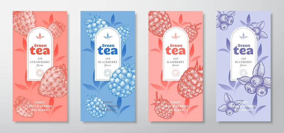 Tea Labels Vector Set. Fruit and Berries Tea Packaging Design Layouts Bundle Stock Illustration