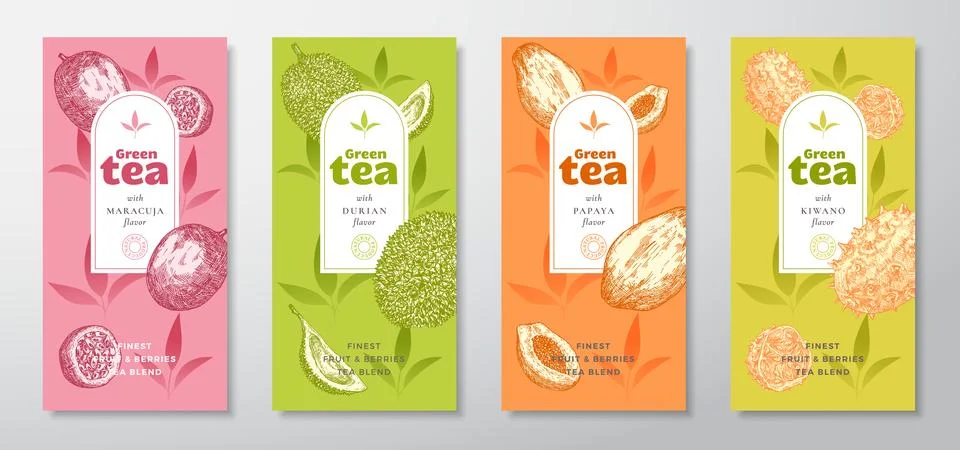 Tea Labels Vector Set. Fruit and Berries Tea Packaging Design Layouts Bundle Stock Illustration