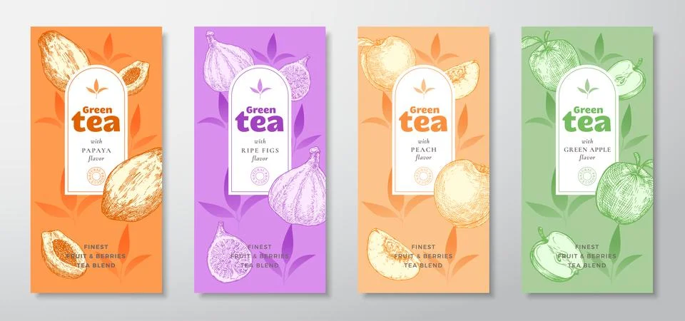 Tea Labels Vector Set. Fruit and Berries Tea Packaging Design Layouts Bundle Stock Illustration