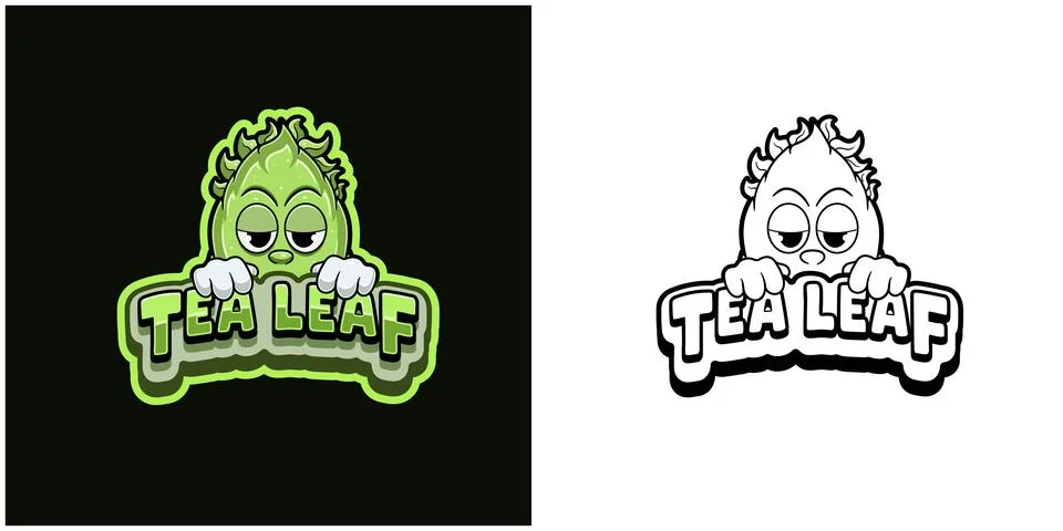 Tea Leaf cartoon logo with text and a high expression. Full color and black.. Stock Illustration