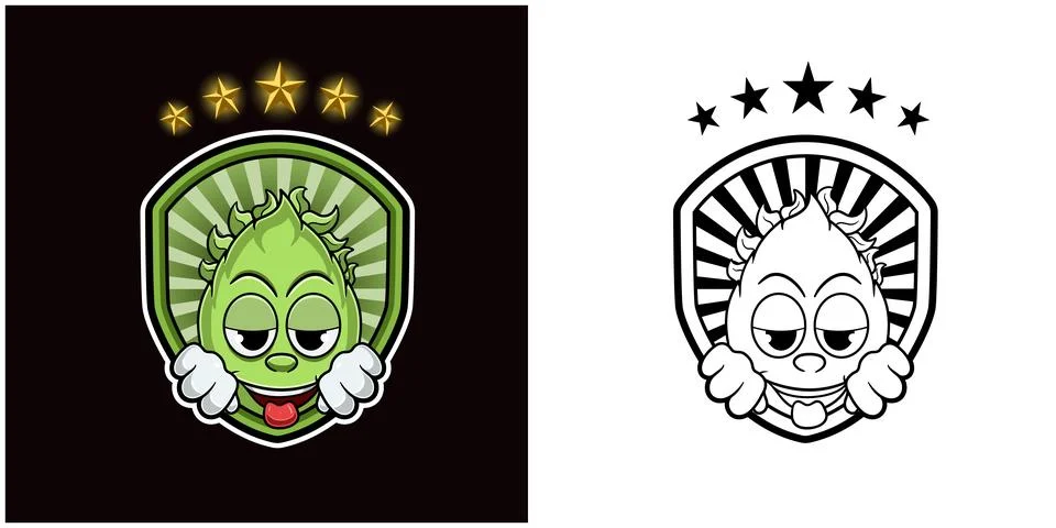 Tea Leaf Character Cartoon with High and Smiling. Badge and Stars Light. Stock Illustration