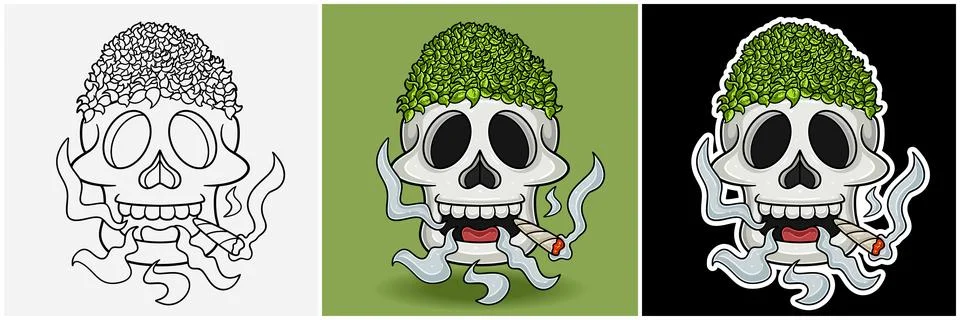 Tea Leaf Inside Skull Head With Smoking Character Cartoon. Black White, Col.. Stock Illustration