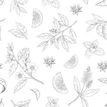 Tea leaf pattern. Seamless texture of green and black morning drink. Hand drawn イラスト素材