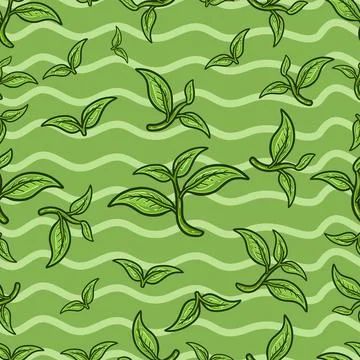Tea Leaf Seamless Pattern in Cartoon Style. Perfect For Background, Backdro.. Illustrazione stock