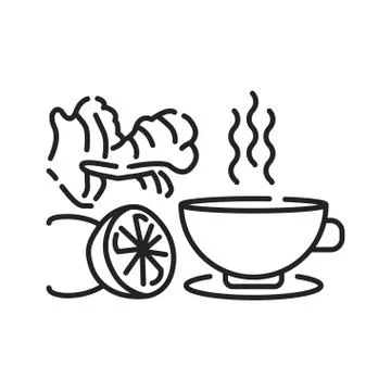 Tea with lemon and ginger black line icon. A drink that helps to recover. Pic Stock Illustration