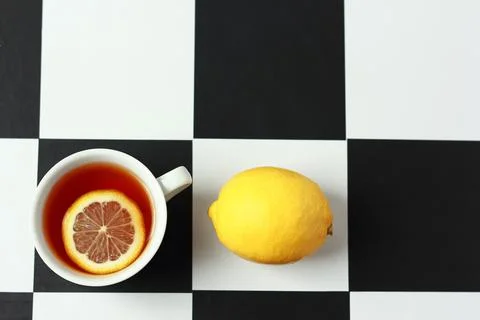 Tea with lemon on a chessboard. Stock Photos
