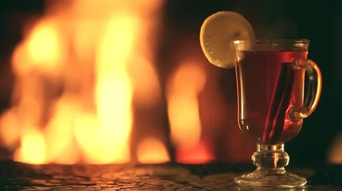 Tea with lemon, fireplace. Stock Footage 58121612