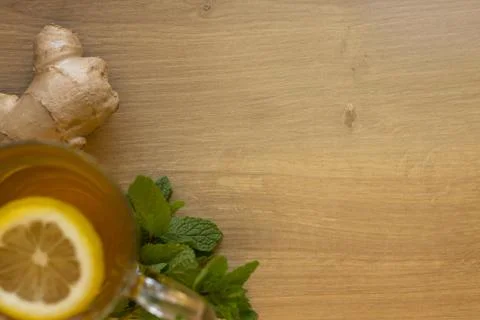 Tea with lemon ginger and mint. View Top Stock Photos
