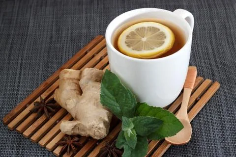 Tea with lemon leaves mint, root ginger and anise. . View from above Stock-Fotos