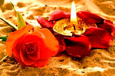 Tea-light with rose on a beach Stock Photos