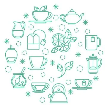 Tea line icon set in round doodle shape Stock Illustration