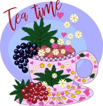 Tea made from red and black currants. Tea cooked with love. Hand drawn design Stock Illustration