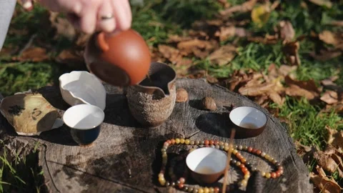 A tea master pours dark pu-erh tea from a clay teapot from a clay pot Stock Footage 229859501