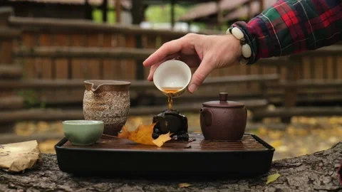 A tea master pours pu-erh tea from a bowl on a frog tea figurine. outdoor tea Stock Footage 220415487