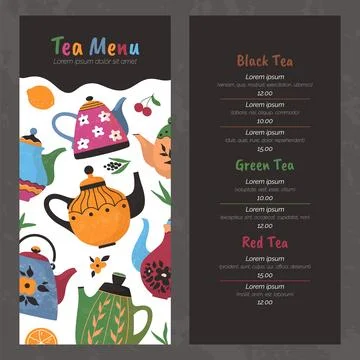 Tea menu design. Typography template. Cover with colorful pattern, page with Illustrazione stock