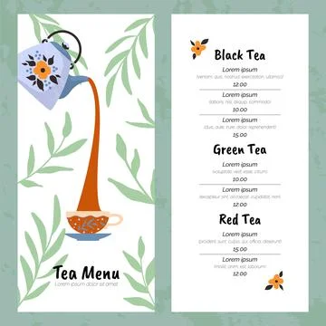 Tea menu. Restaurant bar brochure. Botanical design. Pour beverage from ceram Stock Illustration