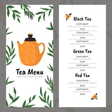 Tea menu. Restaurant bar brochure. Botanical design. Ceramic teapots. Plant Stock Illustration
