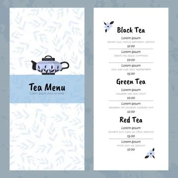 Tea menu template. Cover and page with copy space for text and prices. Cozy Stock Illustration