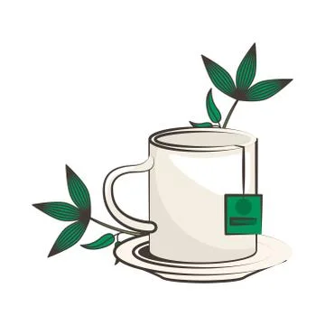 Tea mug drink in dish with leafs plant Stock Illustration