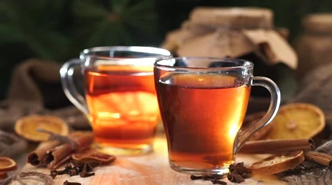 Tea in a mug with a spoon stir sugar Christmas Stock Footage 56558191