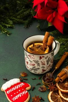 Tea in a mug on winter background Stock Photos