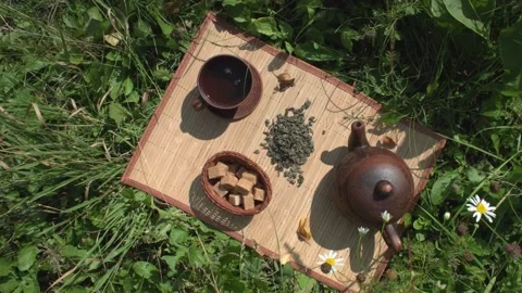 Tea in nature. Flat lay. Video stock 153310941