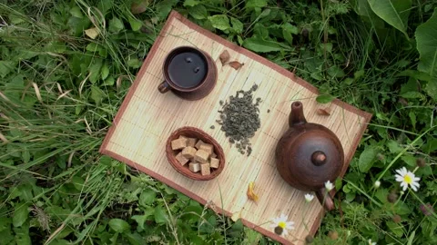 Tea in nature. Flat lay. Stockbeeldmateriaal 153311073