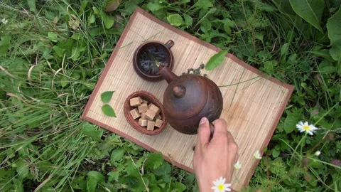 Tea in nature. Flat lay. Slow Motion 2x. Stock Footage 153311351