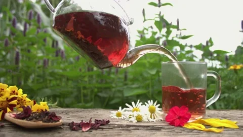 Tea in nature. Slow Motion 2x. Stockbeeldmateriaal 153353443