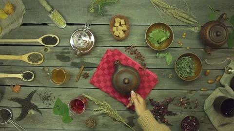 Tea on an old wooden table. Flat lay. Stock Footage 156328054