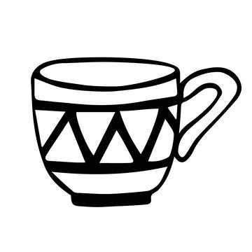 Tea or coffee cup with geometric pattern. Hand drawn black doodle sketch table Stock Illustration