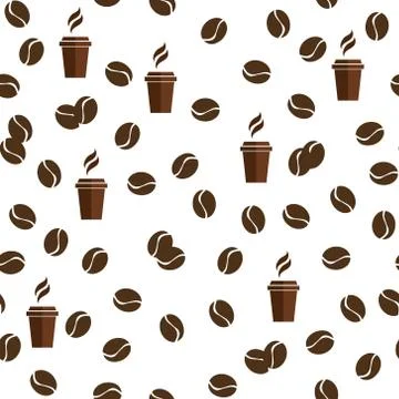 Tea or coffee cups seamless vector pattern with coffee beans (corns). 库存插图