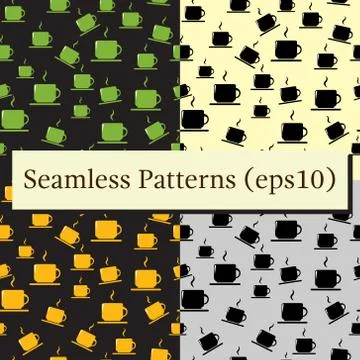Tea or coffee cups seamless vector patterns set with coffee beans or corns Stock Illustration