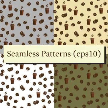 Tea or coffee cups seamless vector patterns set with coffee beans or corns Stock Illustration