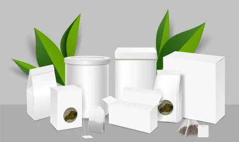 Tea packaging realistic mockup set, vector illustration Illustrazione stock
