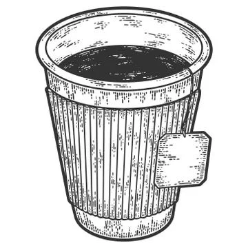 Tea in a paper cup. Sketch scratch board imitation. Black and white. Stock Illustration